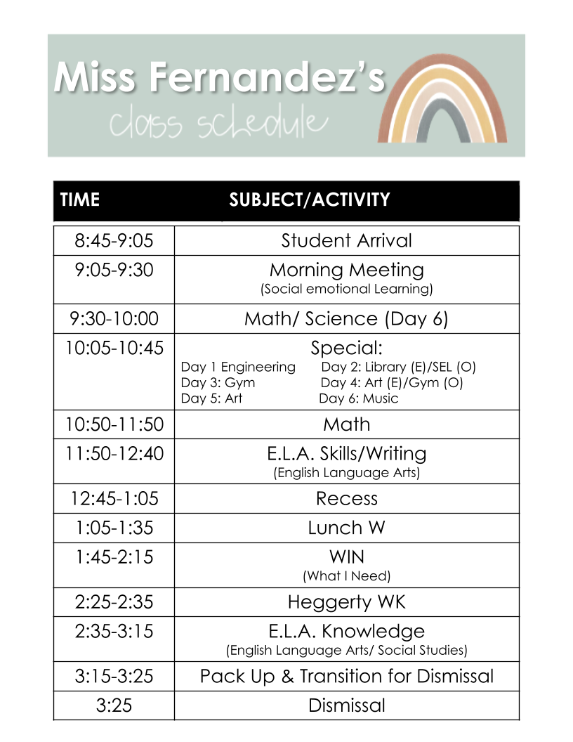 Miss Fernandez's Schedule